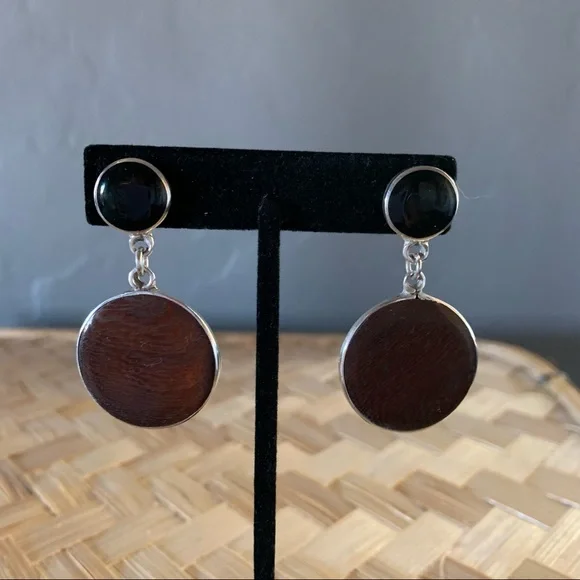 Sterling Silver Pierced Earrings with Black & Brown Enamel Disks - Picture 8 of 8